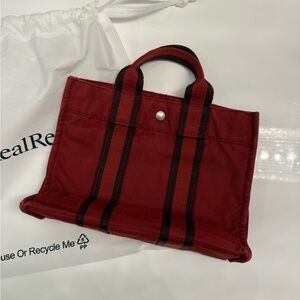 Hermes Burgundy Canvas Tote with Black Stripes